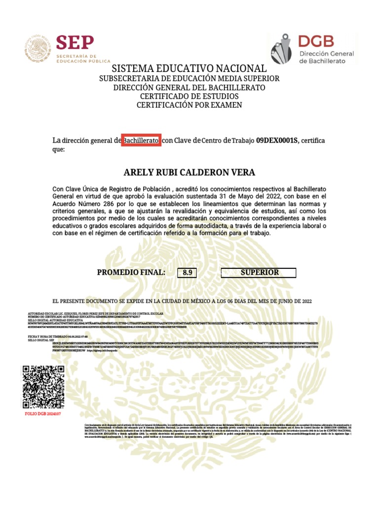 Certificado de Bachillerato DGB 2024 | PDF