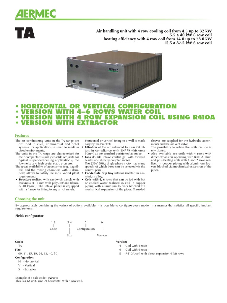 Aermec TA Data Sheet Eng | PDF | Pipe (Fluid Conveyance) | Thermostat