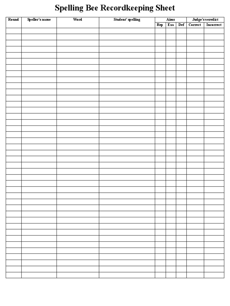 Spelling Bee Recordkeeping Sheet PDF