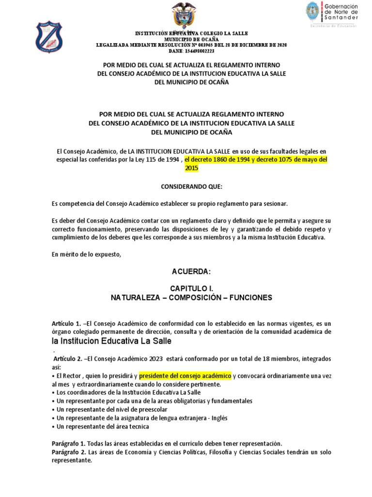 Reglamento Interno Consejo Académico 2023 | PDF | Plan de estudios | Quórum