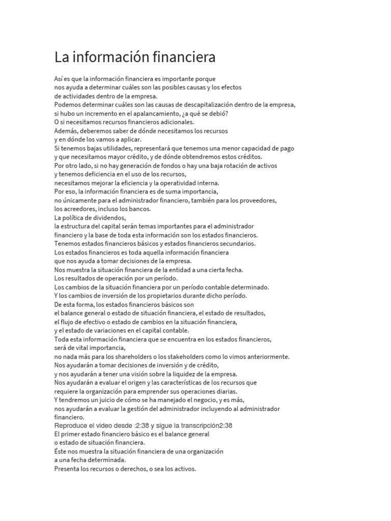 Importancia de la Información Financiera | PDF | Capital de trabajo ...