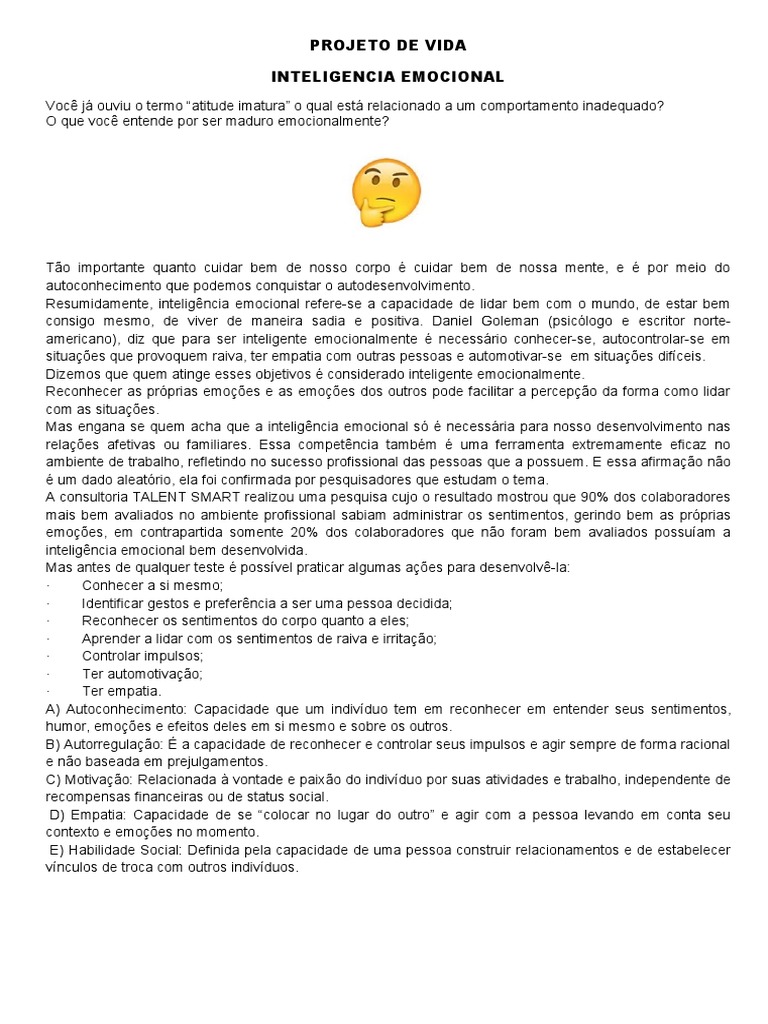 PROJETO DE VIDA INTELIGENCIA EMOCIONAL | PDF | Inteligência emocional ...