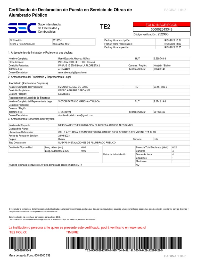 Certificado TE2 de Alumbrado Público | PDF | Ingenieria Eléctrica ...