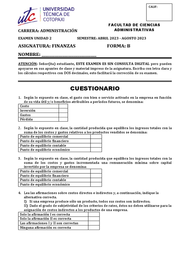 Examen de Finanzas - Administración 2023 | PDF | Apalancamiento ...
