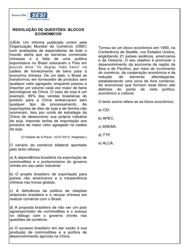 Exercícios sobre Blocos Econômicos | PDF | Economia | China