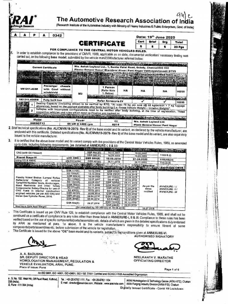 Arai Certificate Date 19.06.2020 Base Model Vk1311.4c6r 0 PDF