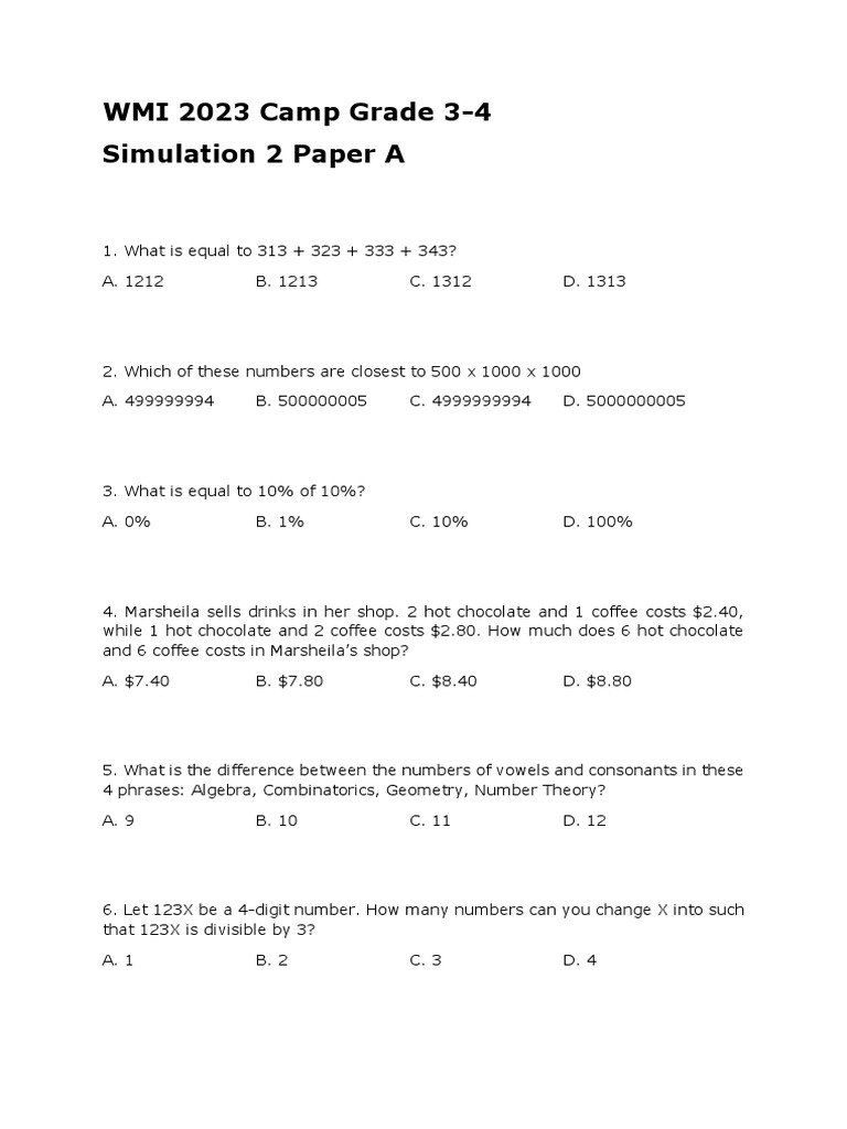 WMI 2023 Grade 3 Simulation Paper | PDF | Numbers | Discrete Mathematics