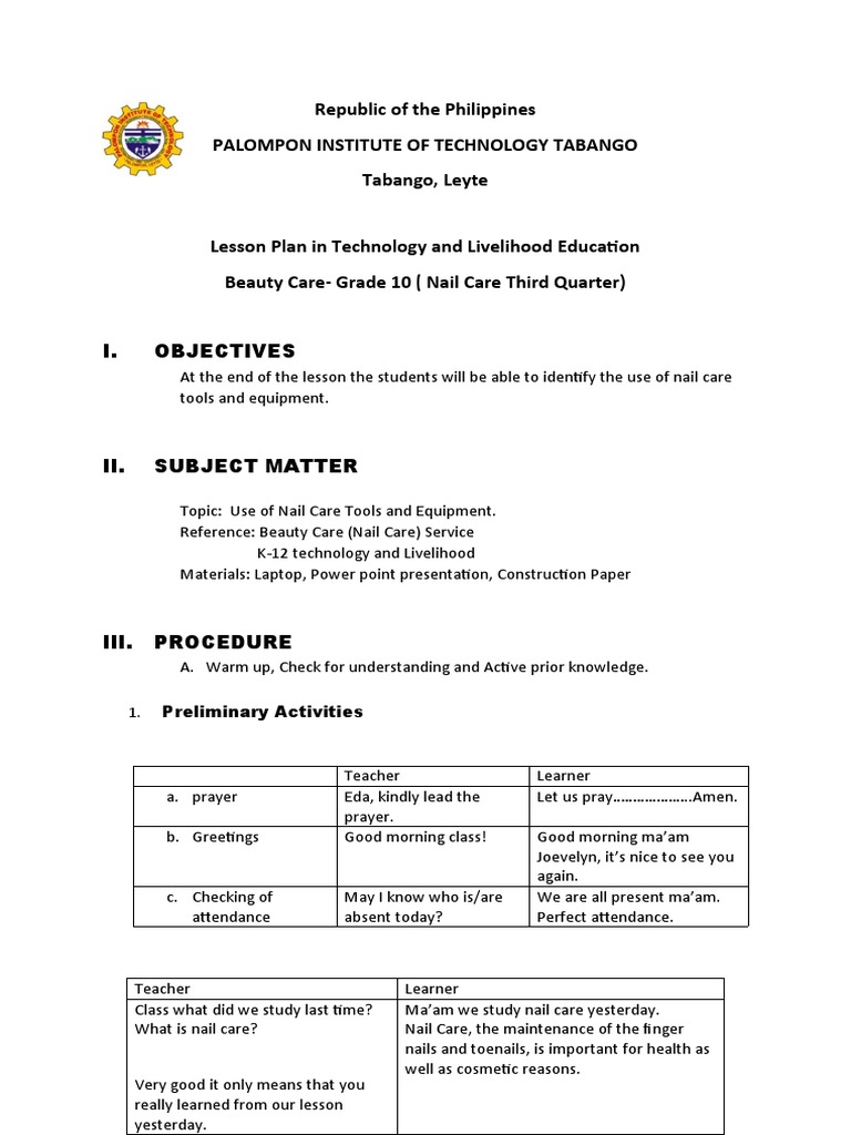 Nail Care Lesson Plan for Grade 10 | PDF | Nail (Anatomy) | Lesson Plan