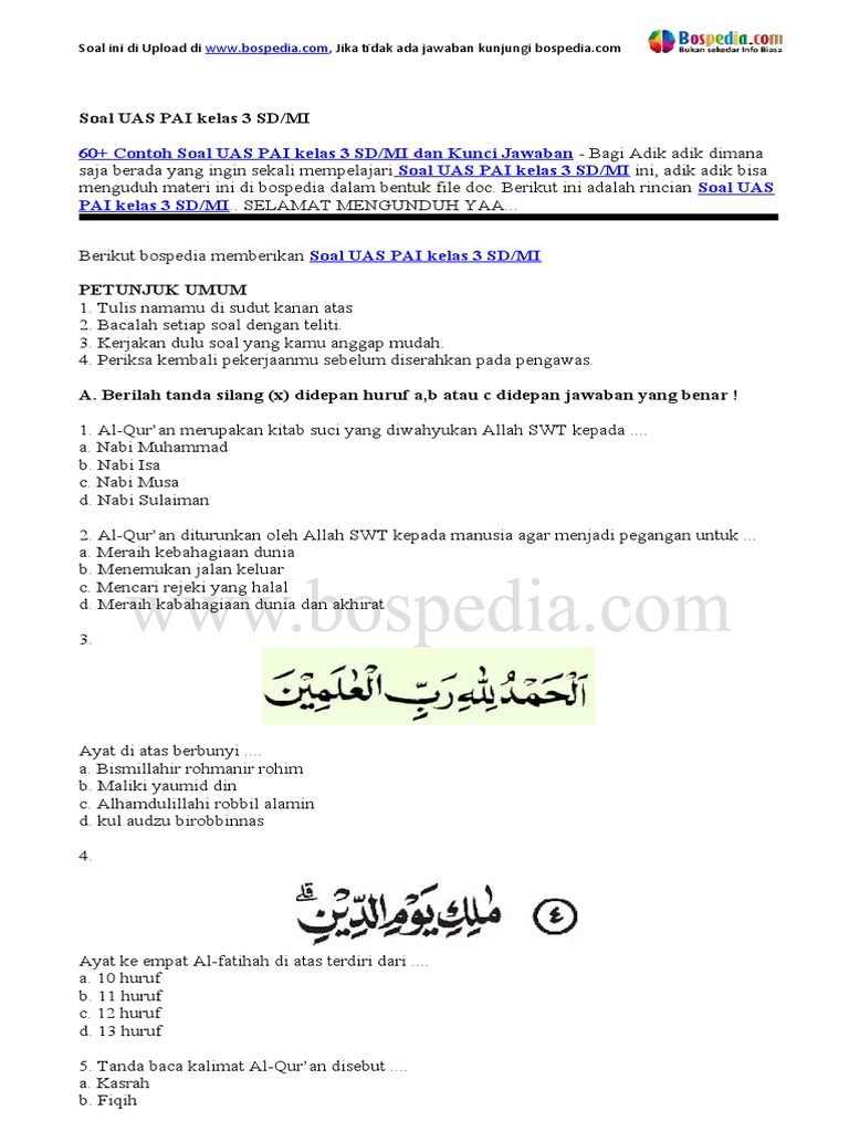 Download soal uas pai kelas 3 sd semester 2 ktsp