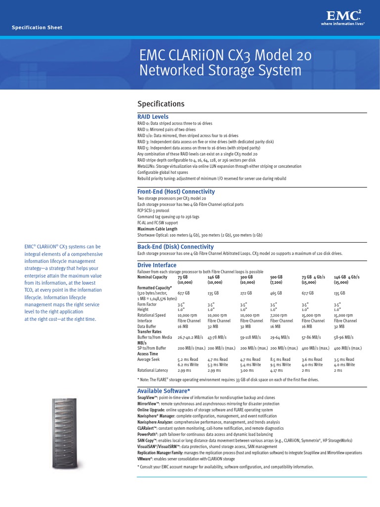 EMC CLARiiON CX3 Model 20 Networked Storage System Specification Sheet ...