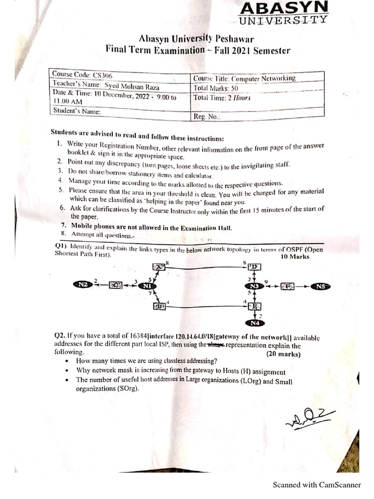 CS306 Computer Network Abasyn University Final Old Paper Fall 2021 PDF