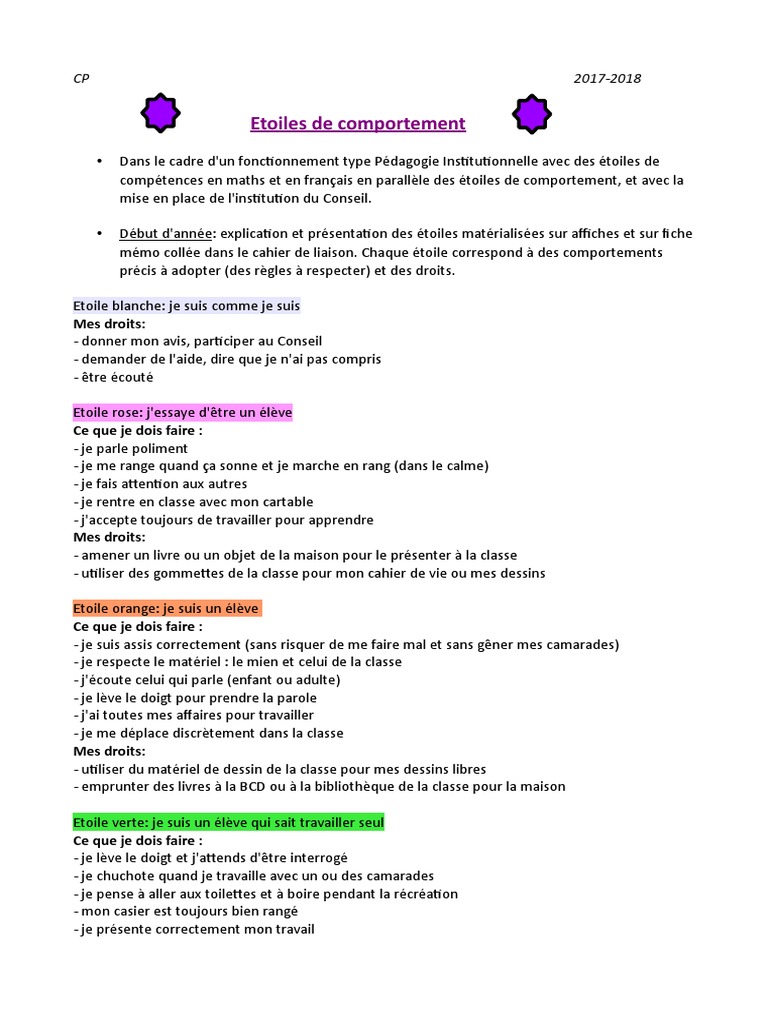 Étoiles de comportement en classe 2017-2018 | PDF | Évolution de ...