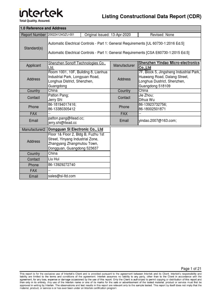 ETL CDR for Sonoff Smart Switch | PDF | Technology & Engineering