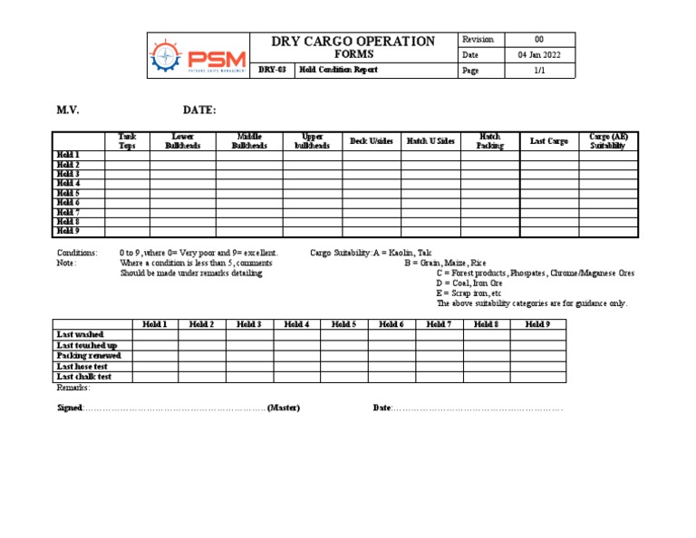 Hold Condition Report for Dry Cargo | PDF