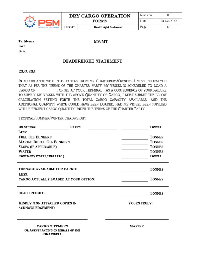 Deadfreight Statement Template | PDF