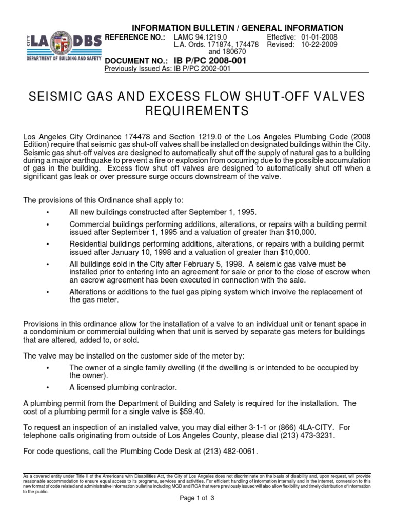 Seismic Gas ShutOff Valve Requirements PDF Valve Plumbing