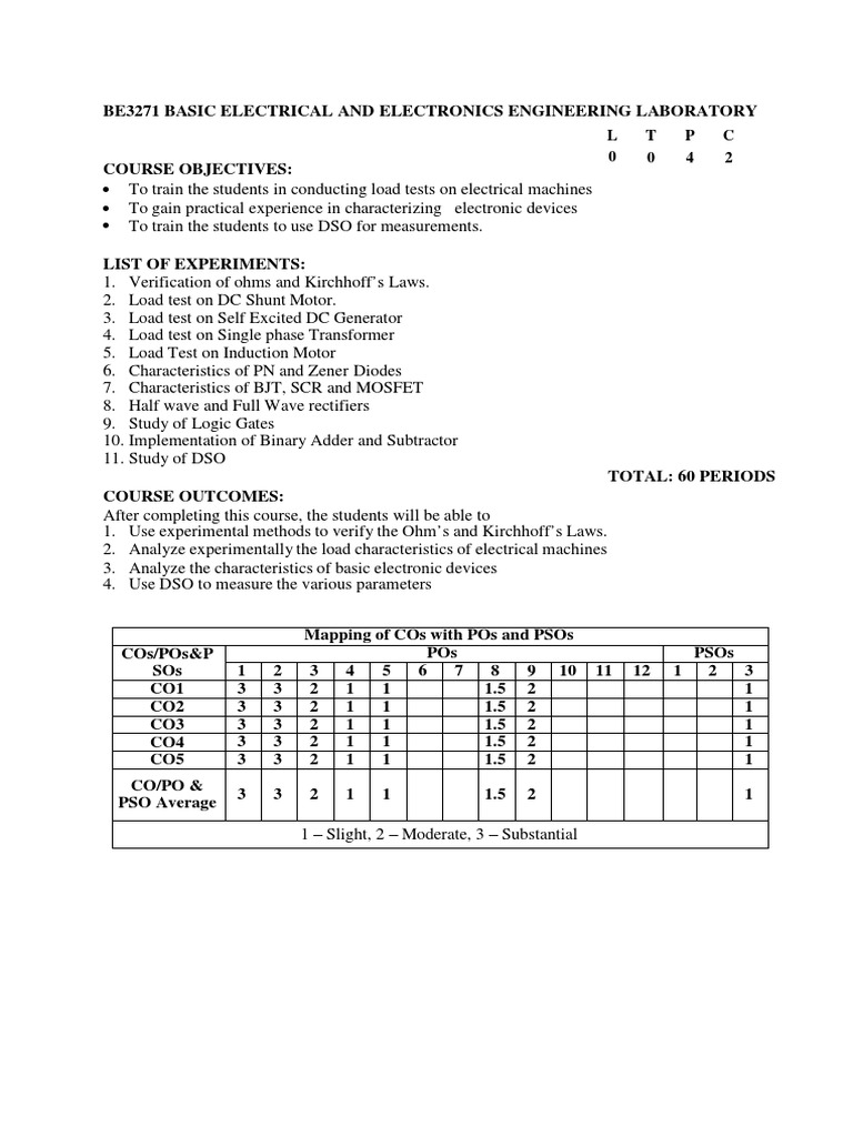 BE3271 Electrical and Electronics Lab Syllabus PDF