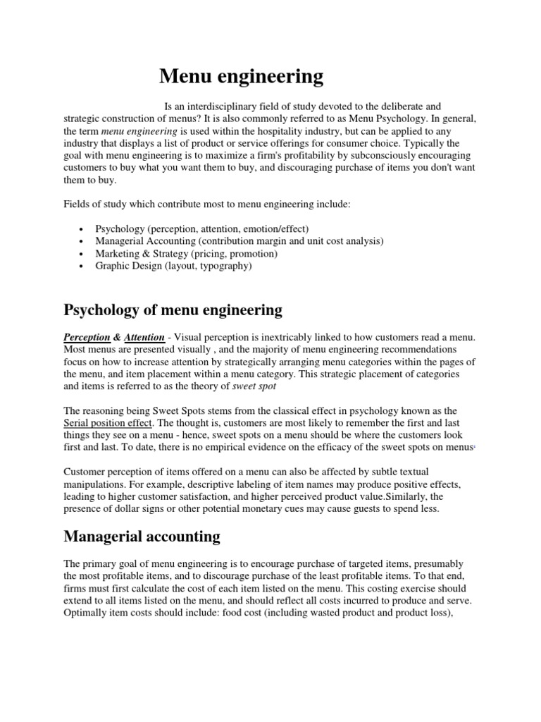 Menu Engineering Business Economics Business