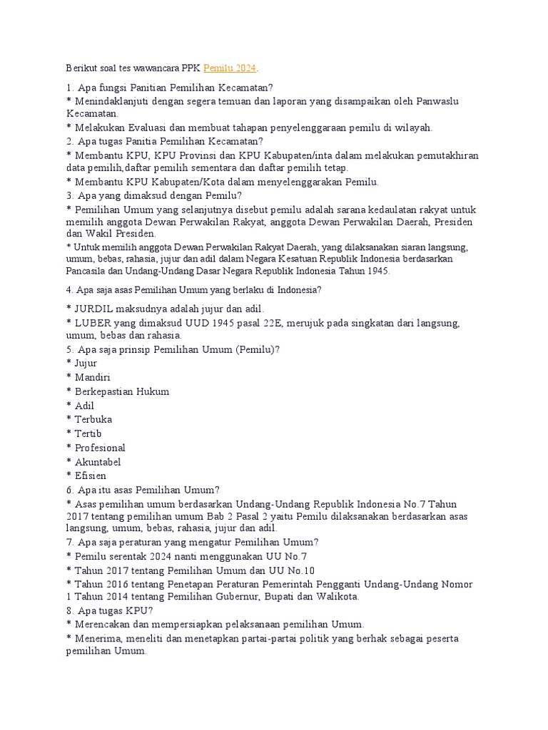 Soal Dan Jawaban Tes Wawancara PPK Pemilu 2024 PDF Politik Ilmu