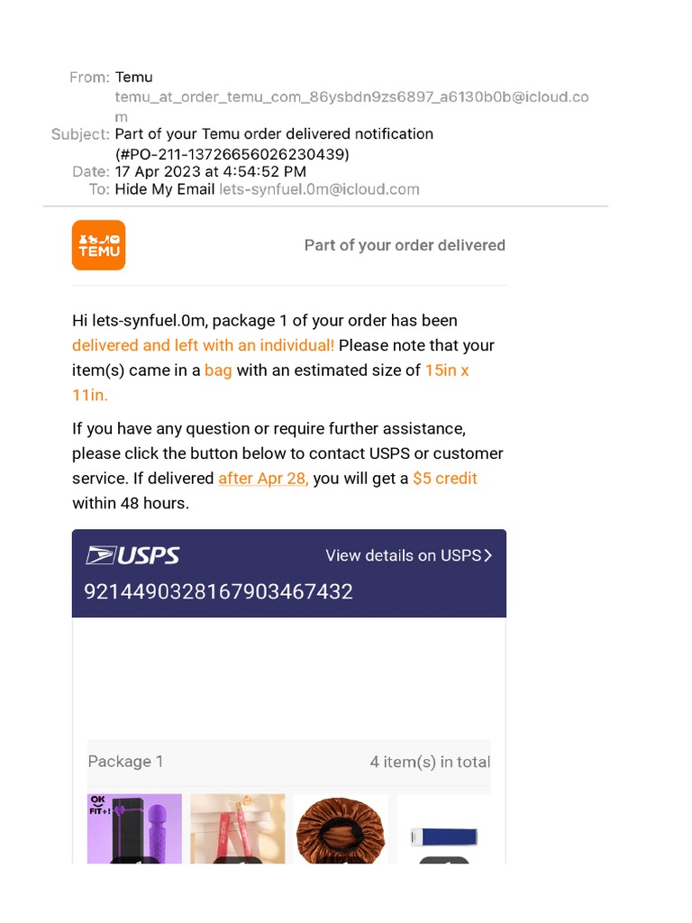 Part of your Temu order delivered notification (PO211
