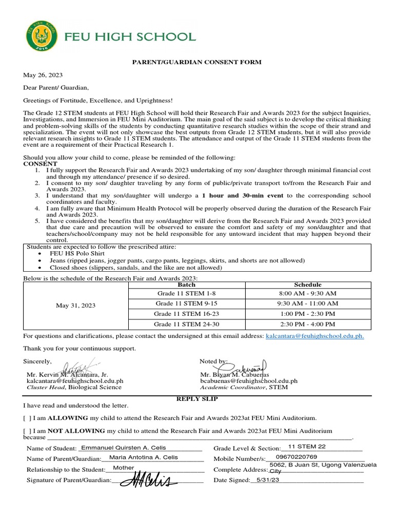 Grade 12 STEM Research Fair Consent Form | PDF | Social Science