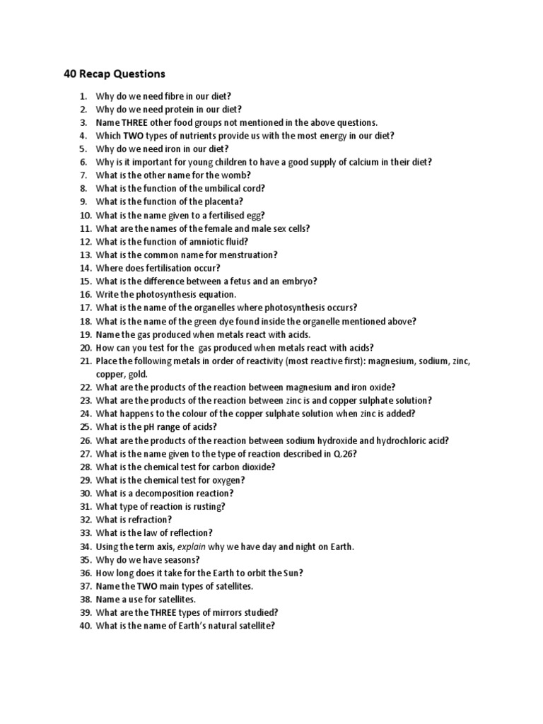 Science Recap Questions PDF