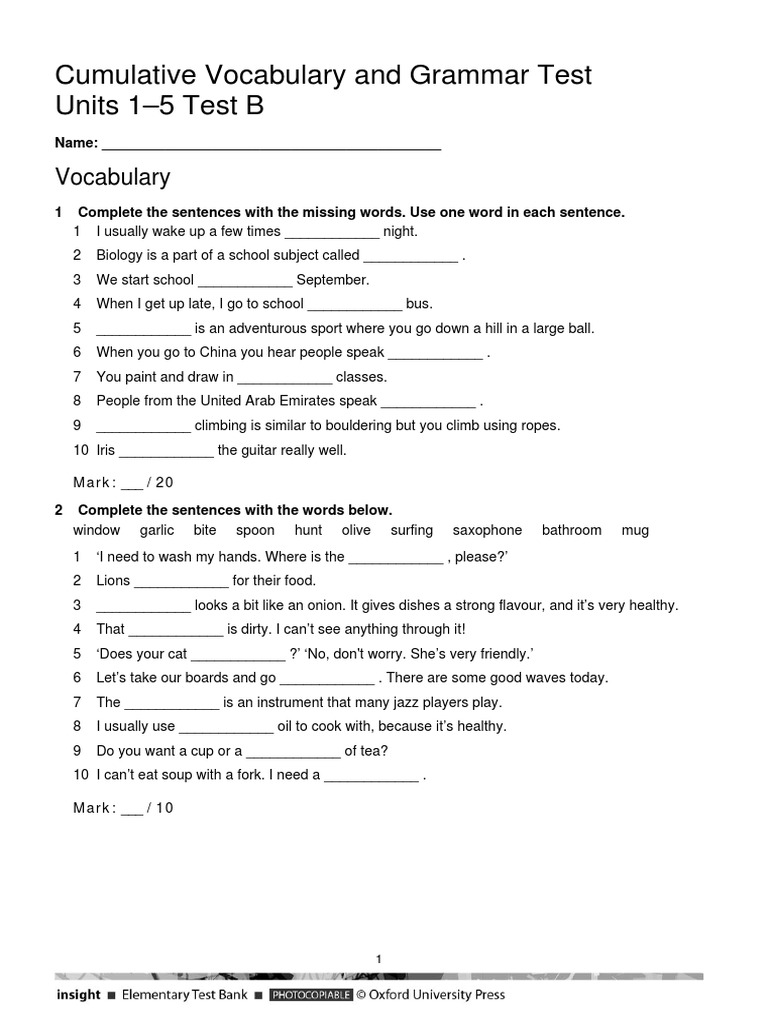 Cumulative Vocabulary Grammar Test Units 1 5 B | PDF | Self-Improvement