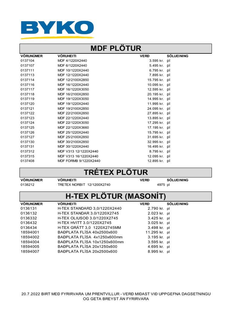 MDF Plötur: Vörunúmer Vöruheiti Verð Sölueining | PDF