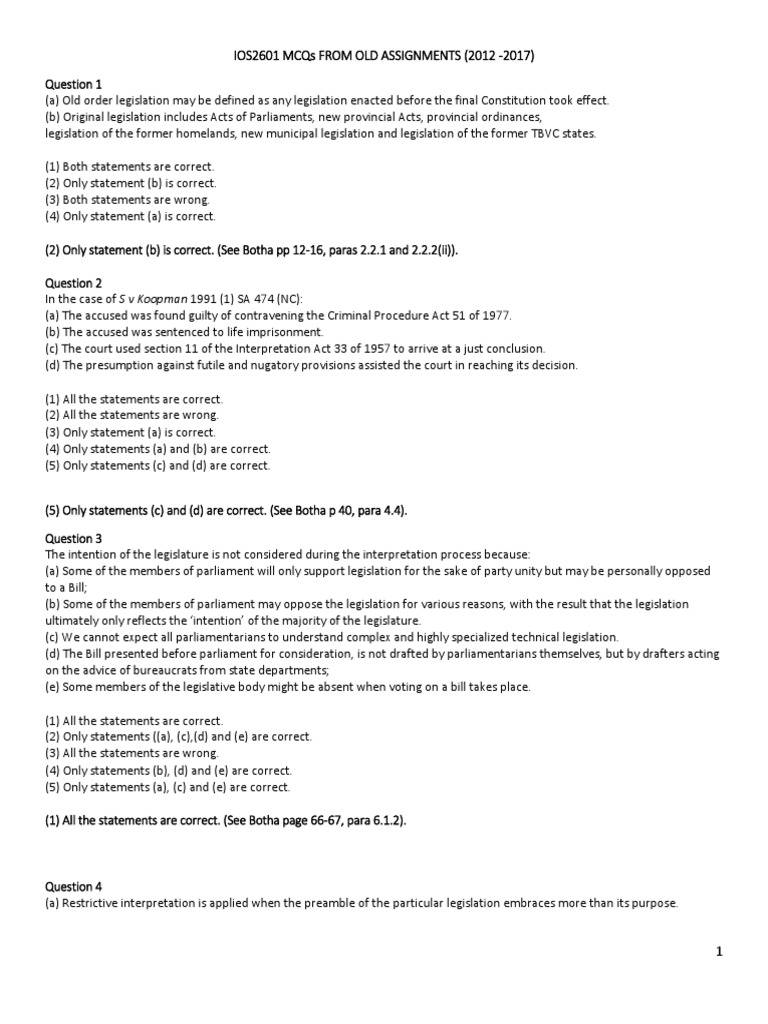 IOS2601 MCQs PDF Statutory Interpretation Ethical Principles