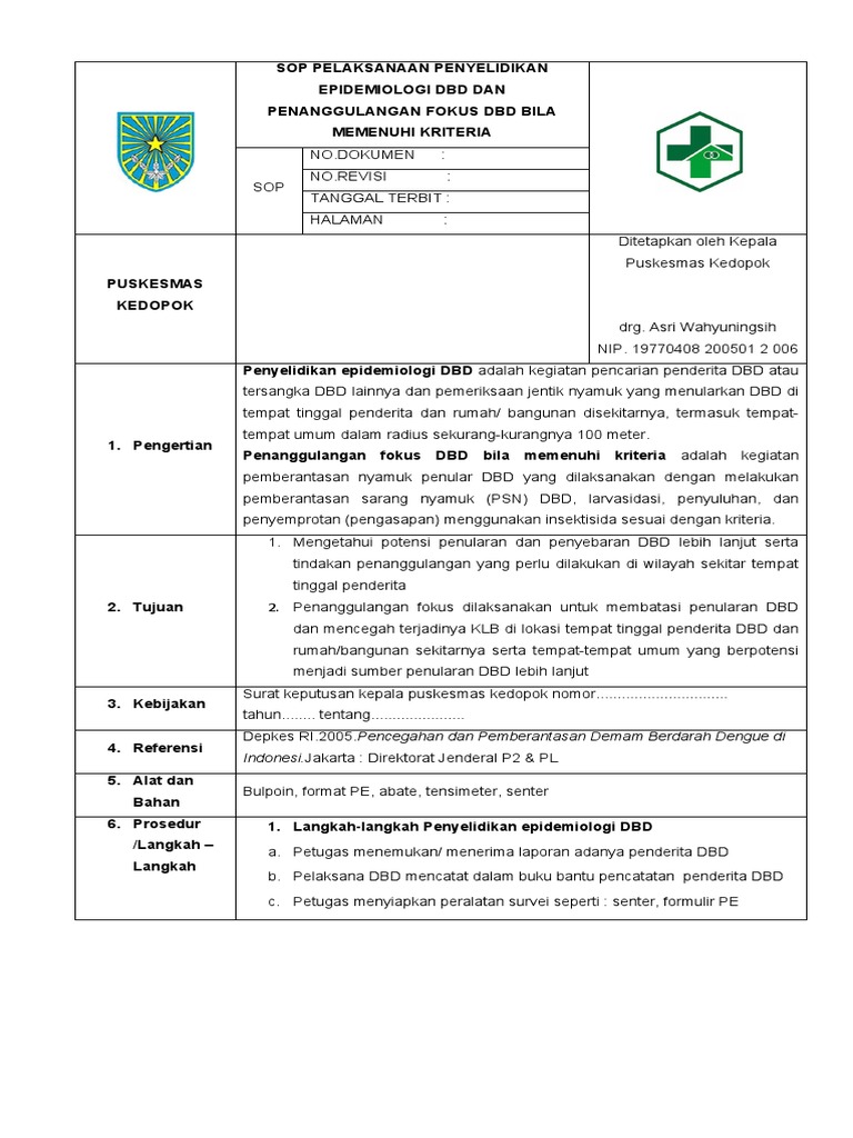 Sop Pelaksanaan Penyelidikan Epidemiologi DBD Dan Penanggulangan Fokus ...