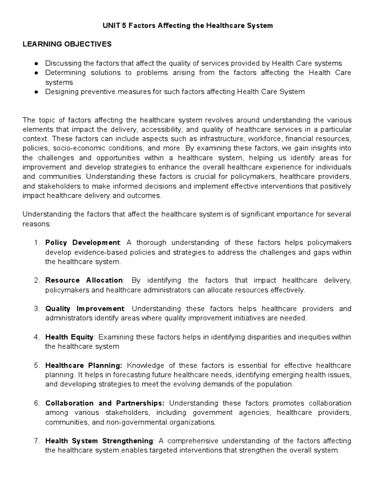 UNIT 5 Factors Affecting The Healthcare System PDF | PDF | Health Care ...