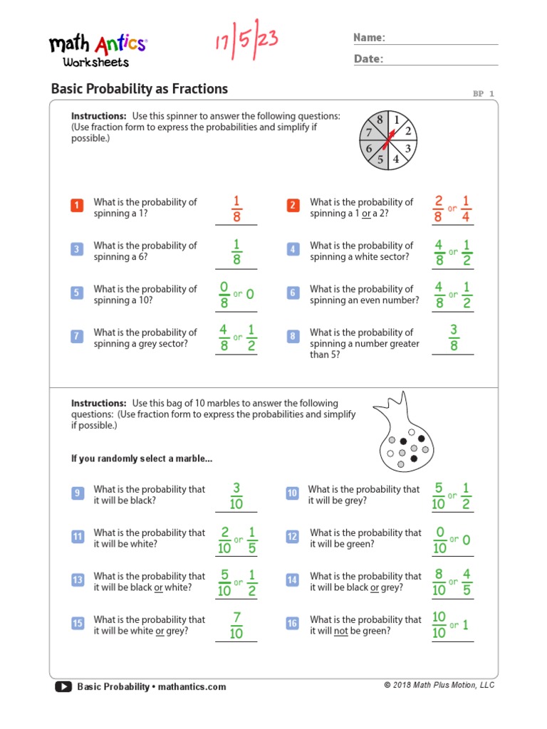 Math Antics Worksheets BasicProbability Answers PDF