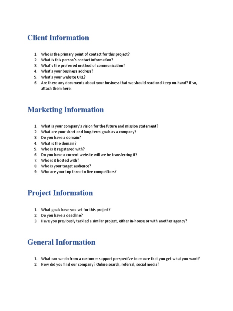 Client Information and Project Overview | PDF