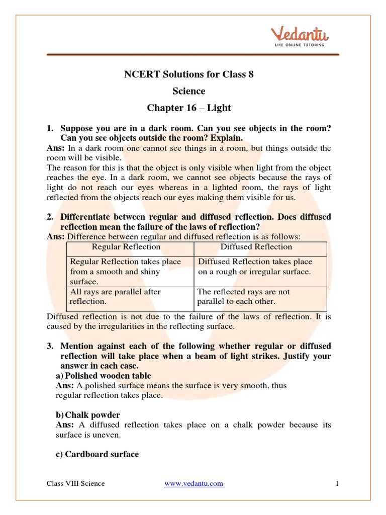 Class 8 Science: Reflection of Light | PDF | Mirror | Reflection (Physics)