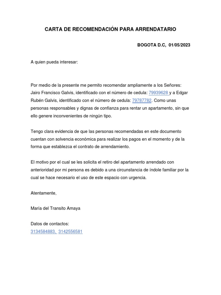 Carta de Recomendación para Arrendatario | PDF