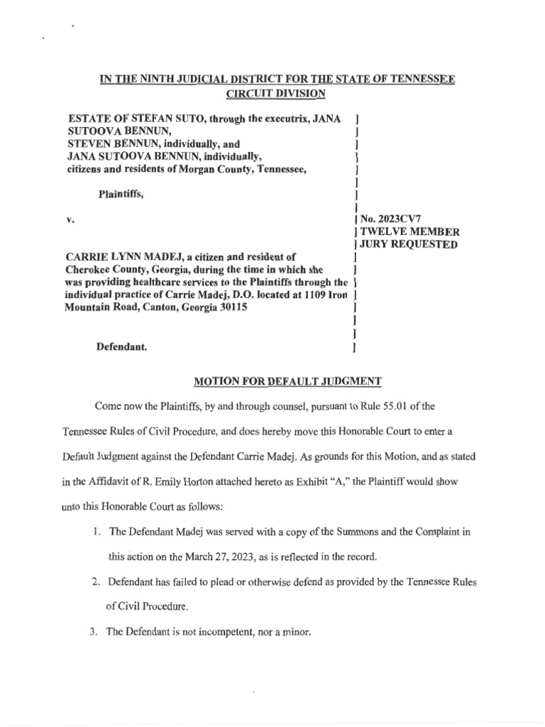 Bennun Et Al v. Carrie Lynn Madej, Defendant's Motion For Default Judgment (5/9/23) PDF