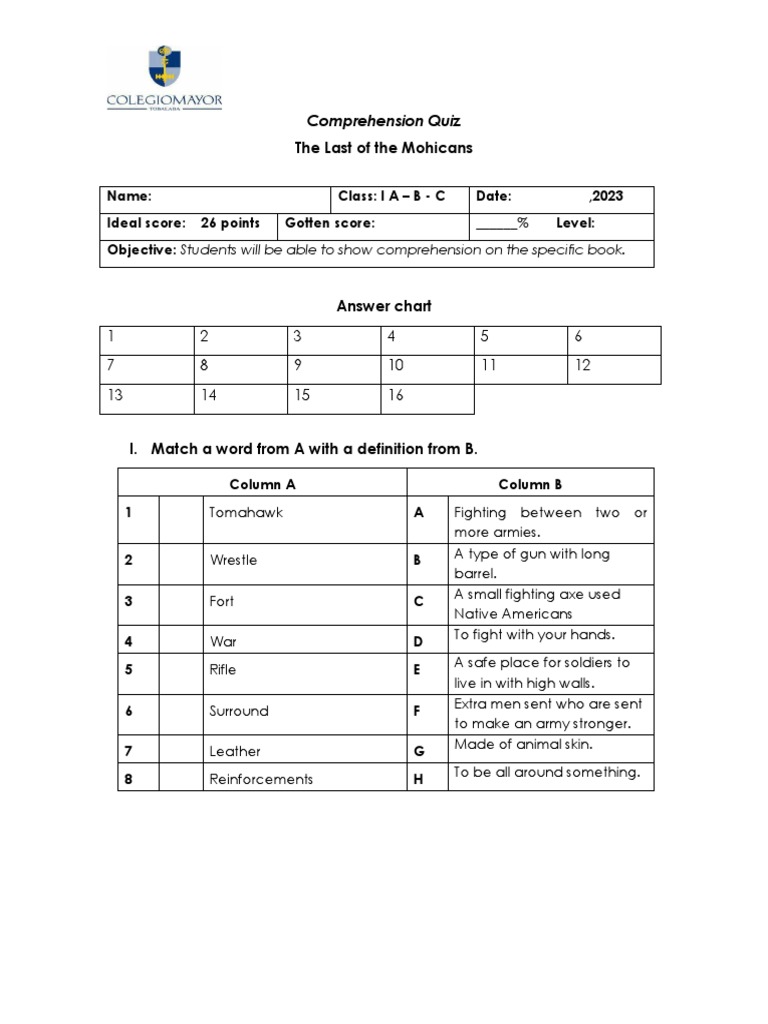 Last of the Mohicans Comprehension Quiz | PDF | The Last Of The Mohicans