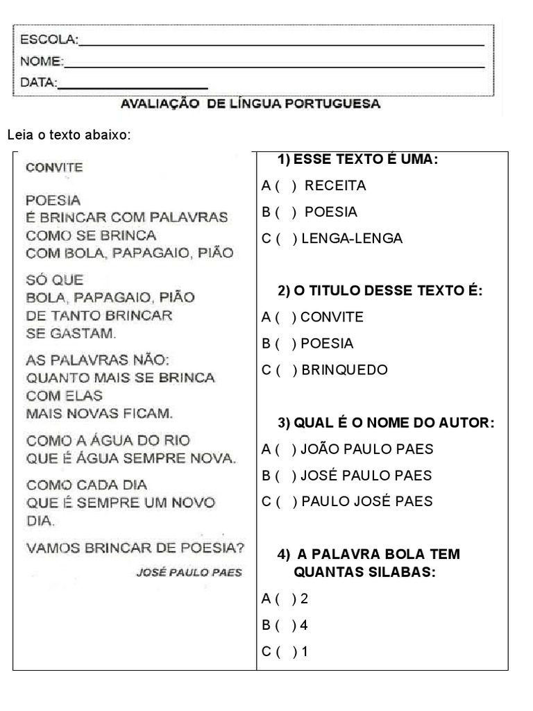 Avaliação de Língua Portuguesa 2º Ano | PDF
