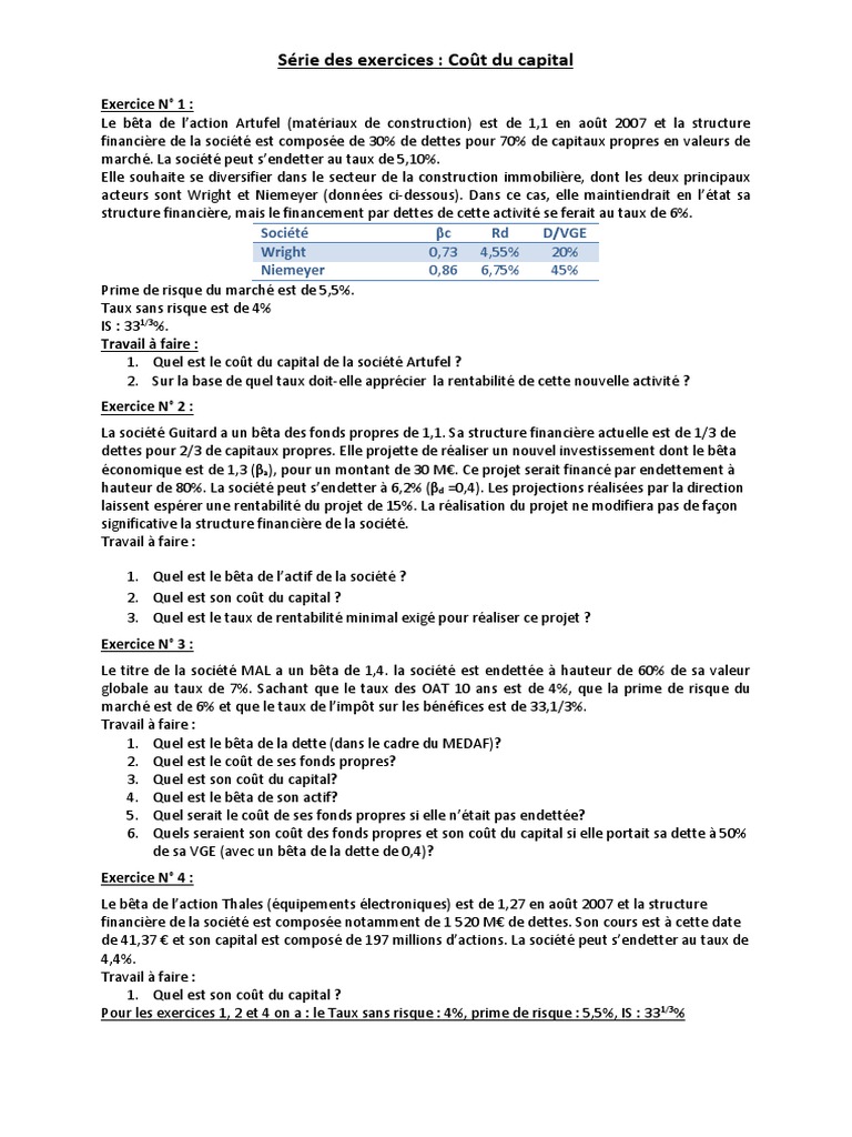 Exercices sur le Coût du Capital | PDF | Capitaux propres | Comptabilité
