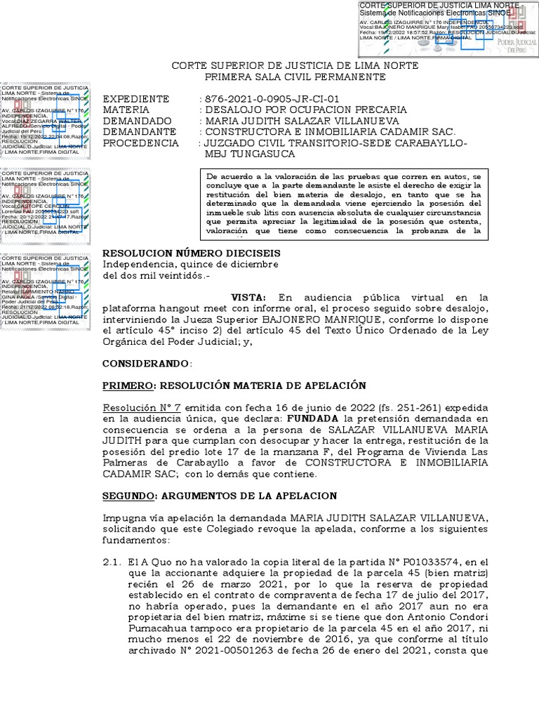 Res. 16 (Sentencia de Vista) - Exp. 876-2021 | PDF | Caso de ley | Ley