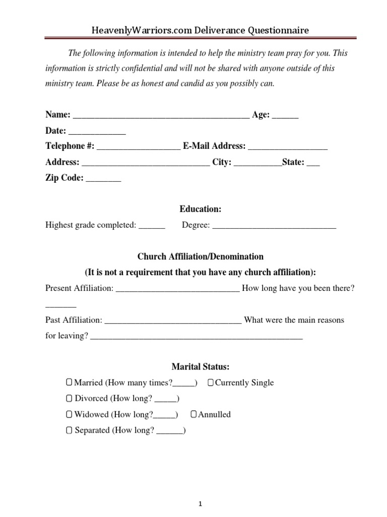Deliverance Questionnaire PDF Mental Disorder Baptism