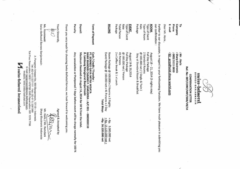 Confirmation Letter Swiss Belhotel PDF