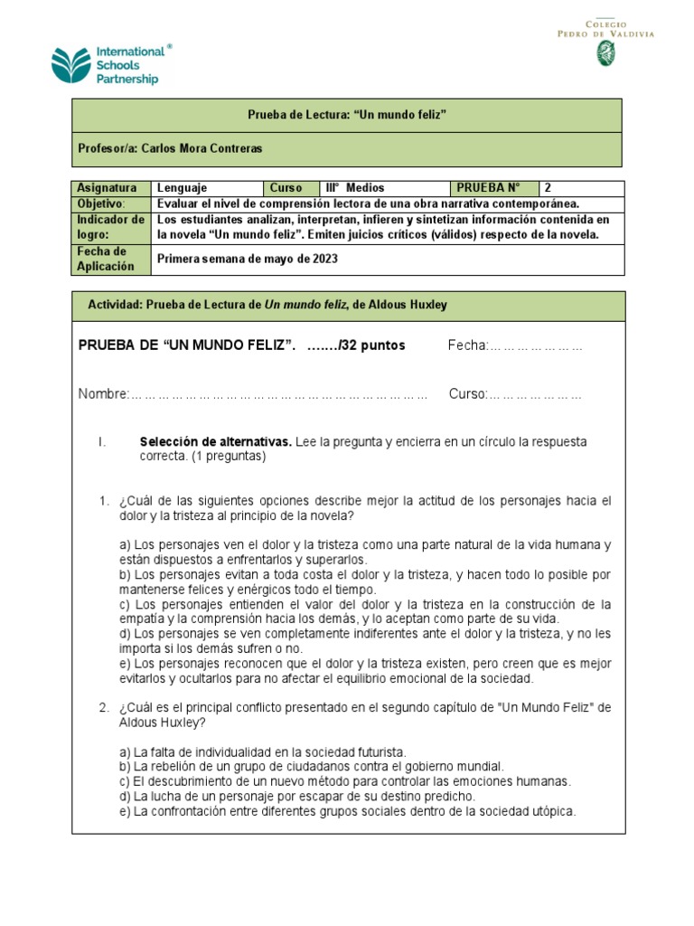 Prueba de Lectura: Un Mundo Feliz | PDF | Sociedad