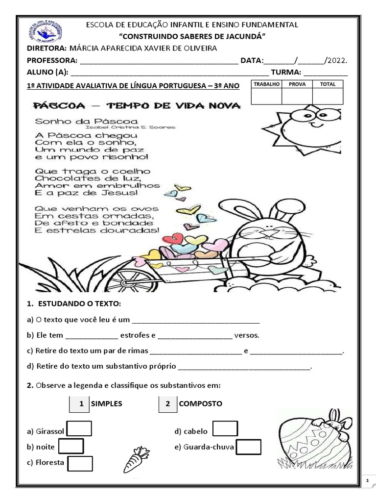 PROVA 3º ANO - PORTUGUES - 1º Bimestre - 2022 | PDF