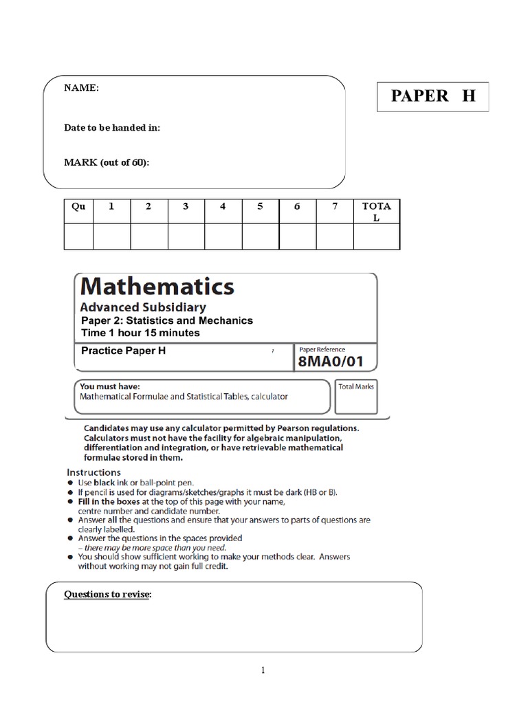 15 AS Statistics and Mechanics Practice Paper H | PDF