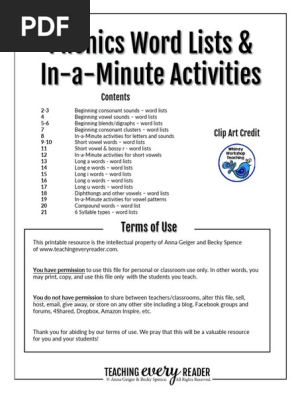 Phonics Words Lists & in-A-Minute Activities - Teaching Every Reader