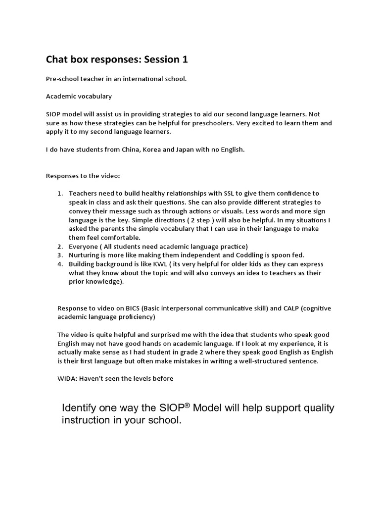 SIOP - Chat Box Session 1 Responses | PDF | Career & Growth | Wellness
