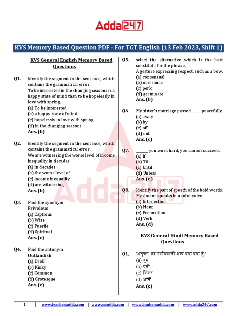 KVS Memory Based Question PDF For TGT English 13 Feb 2023 Shift 1 | PDF
