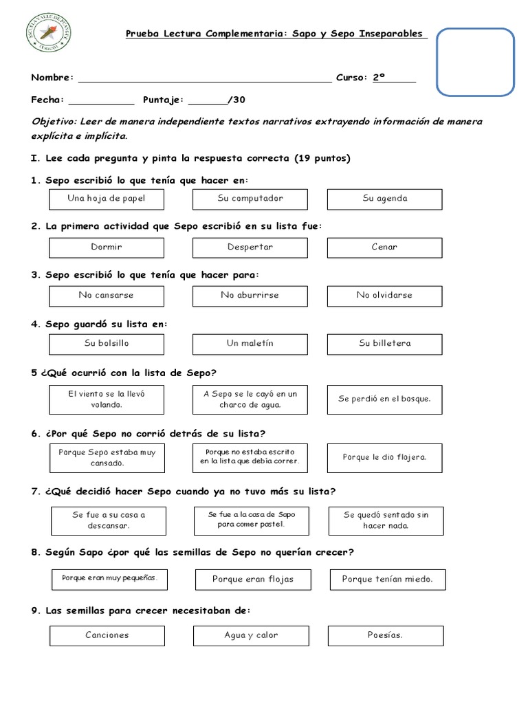 Prueba de Lectura: Sapo y Sepo | PDF