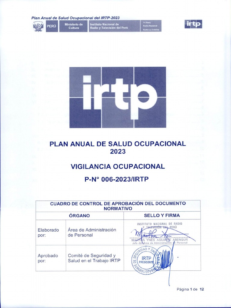 P006-2023-Irtp - Plan y Programa de Salud Ocupacional en El Irtp 2023 | PDF